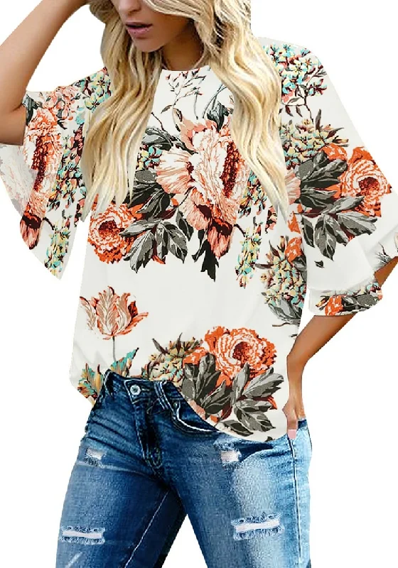 Men's short-sleeve retro cool relaxed floral shirt-Floral Pirnt Brilliant White Women's Summer Blouse Casual Ruffle 3/4 Sleeve Tops Loose Shirts