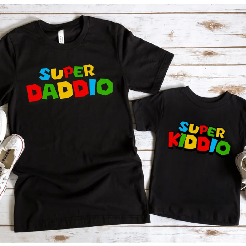 Men's short-sleeve graphic neon top-Power Up- Daddio & Kiddio Cool Mario Matching T-Shirts- Black