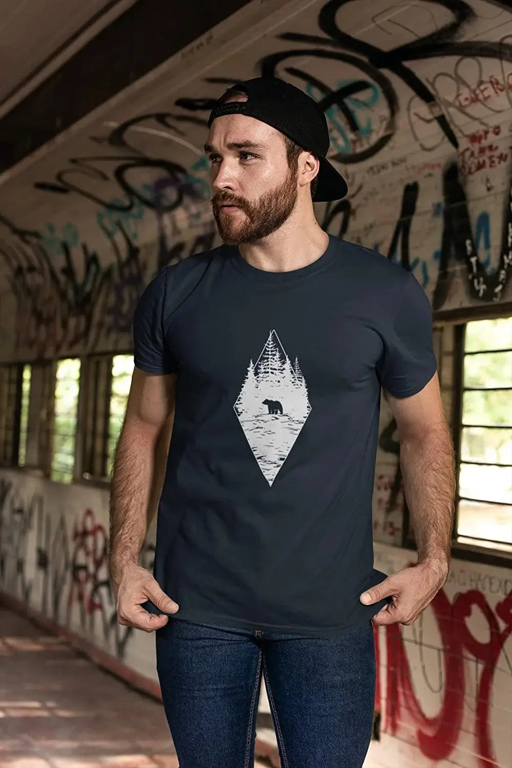 Men's short-sleeve boxy abstract tee-ULTRABASIC - Graphic Printed Men's Forest Bear T-Shirt White Round Neck