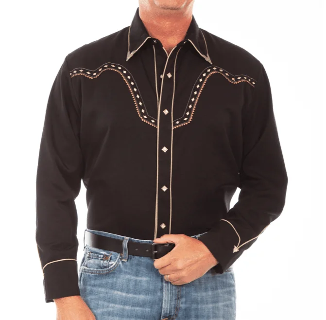 Men's short-sleeve sporty soft perforated shirt-Scully Men's Black Diamond Yoke Embroidered Western Snap Up Shirt P-898