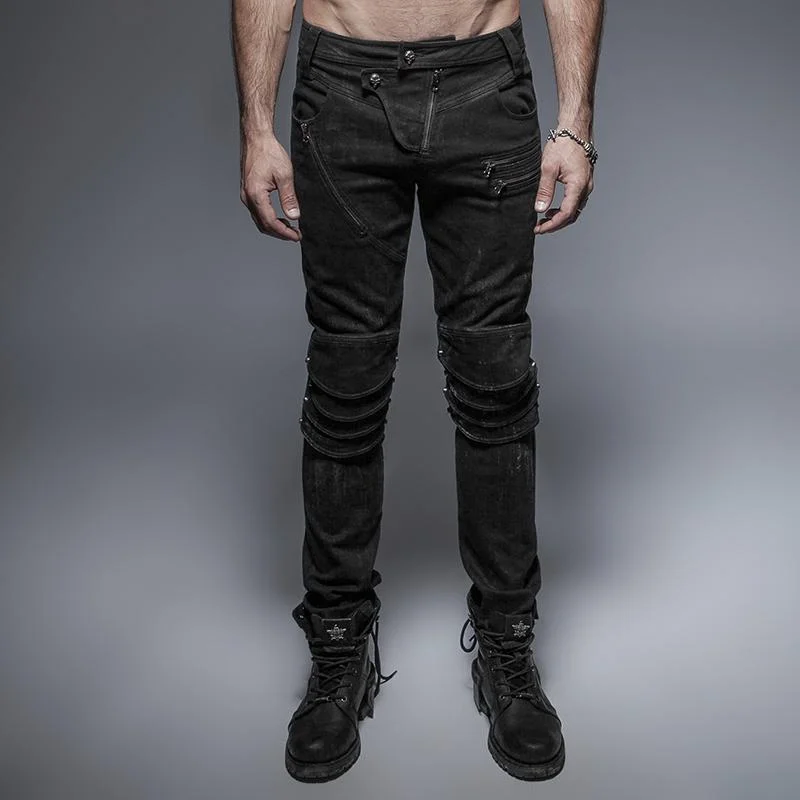 men's high-waisted tapered black pants-Men's Unique Armor Knee Men's Washing Jeans