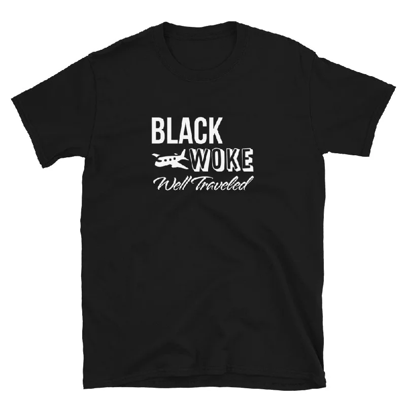 Men's short-sleeve soft muted sage shirt-Black, Woke, Well Traveled T-Shirt