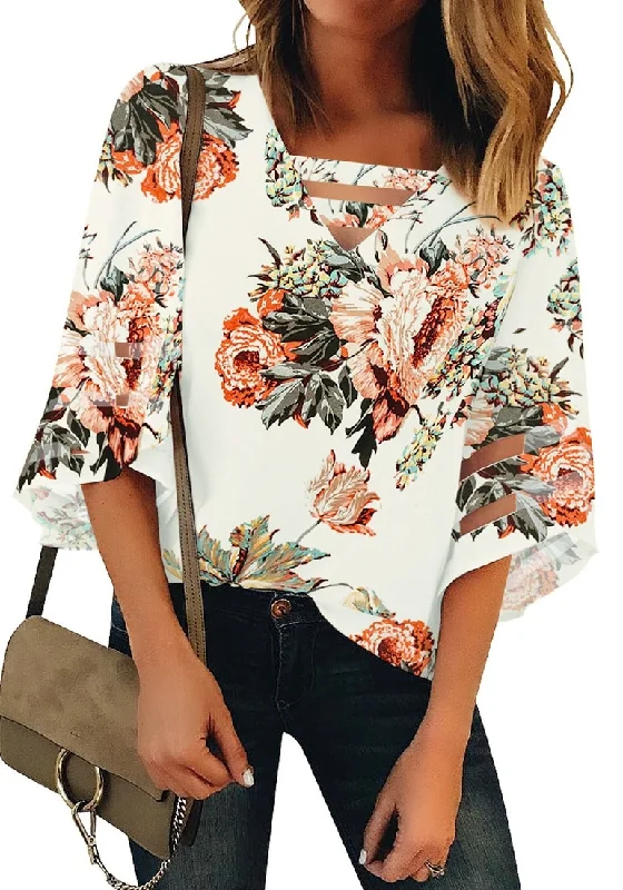 Men's short-sleeve trendy bright slim pastel shirt-White Floral Women's Casual V Neck Mesh Panel Blouse Tops 3/4 Bell Sleeve Shirt