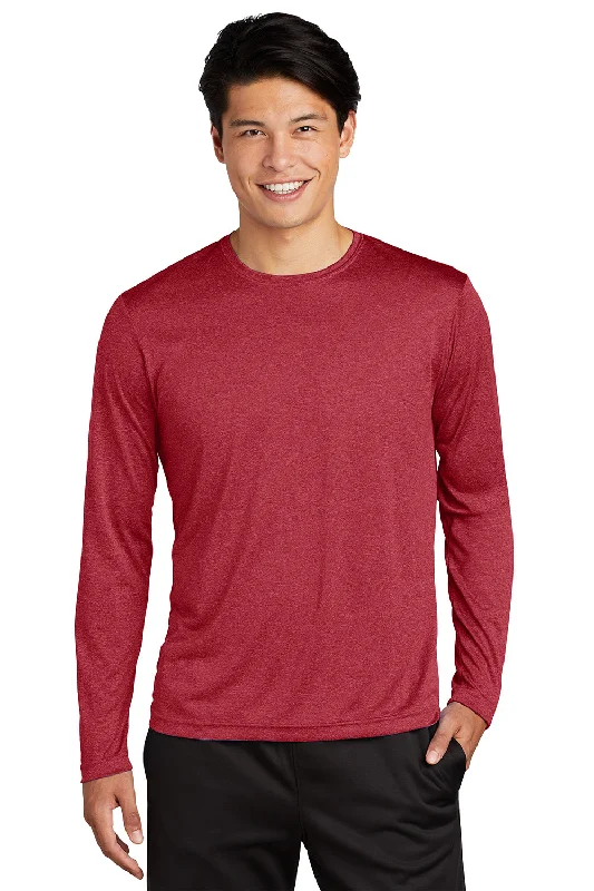 Men's short-sleeve athletic heather tee-Sport-Tek Mens Contender Heather Moisture Wicking Long Sleeve Crewneck T-Shirt - Heather Scarlet Red