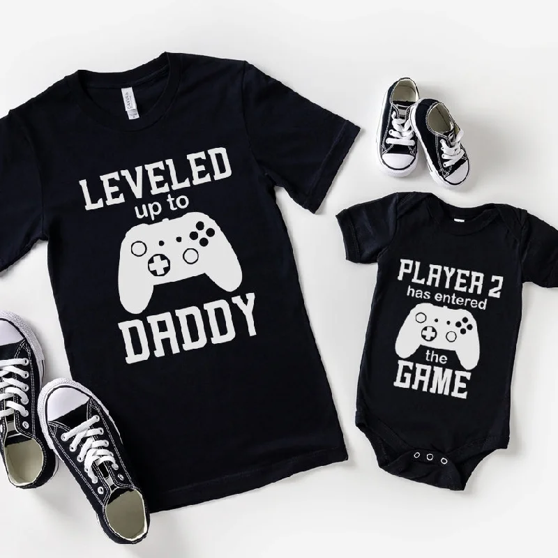 Men's short-sleeve retro violet top-Leveled Up Daddy/Player 2 Matching Black Tees & Baby Vest