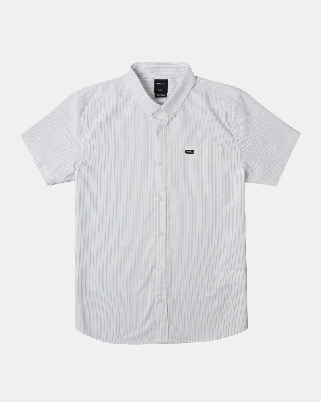 Men's short-sleeve neutral subtle taupe top-That'll Do Micro Stripe Short Sleeve Shirt - White