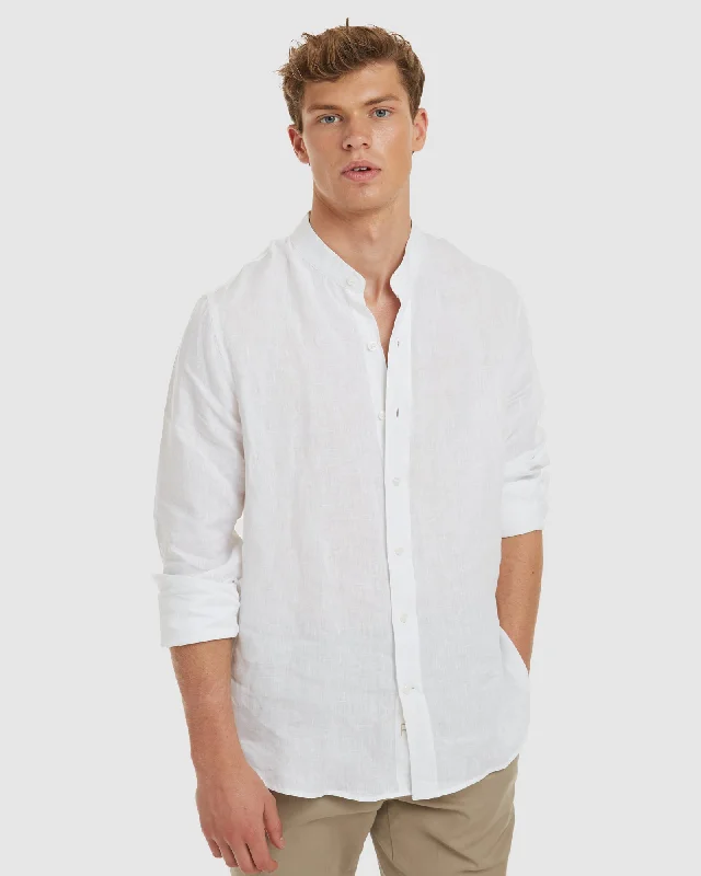 Men's short-sleeve warm stylish bold stripe shirt-Palma-Slim White Mandarin Collar Linen Shirt