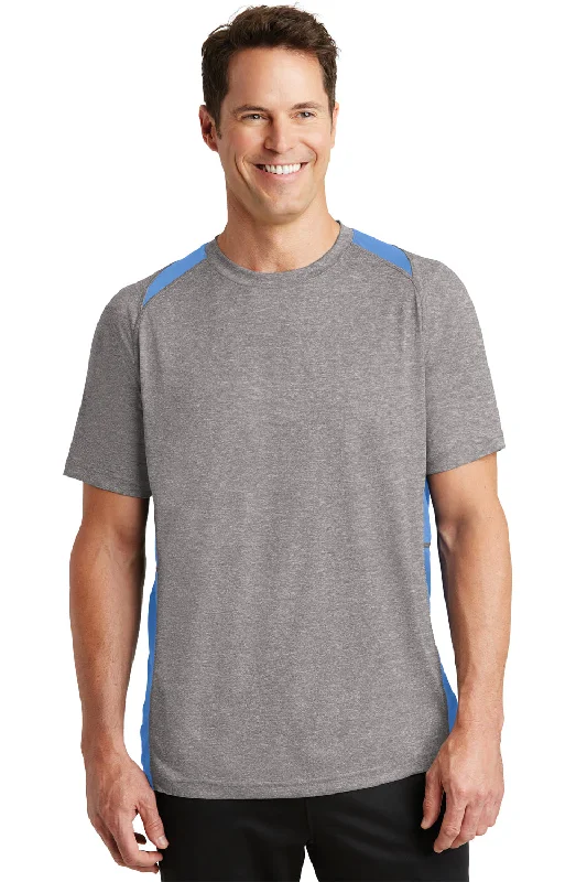 Men's short-sleeve relaxed floral tee-Sport-Tek Mens Contender Heather Moisture Wicking Short Sleeve Crewneck T-Shirt - Heather Vintage Grey/Carolina Blue - Closeout