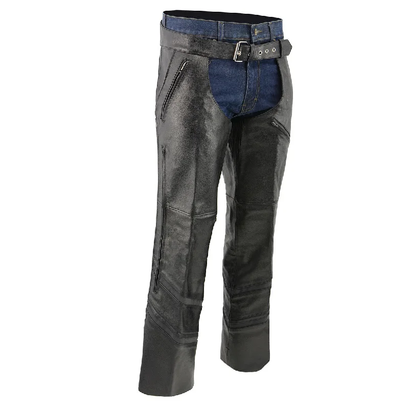 men's 34-inch tailored gray pants-Men’s XS303 Black Jean Style Vented Leather Chaps with Reflective Material