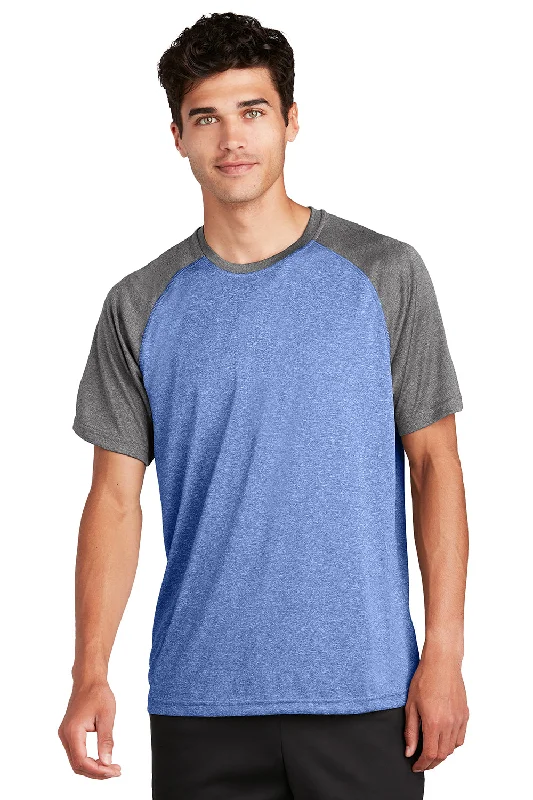 Men's short-sleeve rich sporty subtle motocross top-Sport-Tek Mens Contender Heather Moisture Wicking Short Sleeve Crewneck T-Shirt - Heather True Royal Blue/Heather Graphite Grey - Closeout