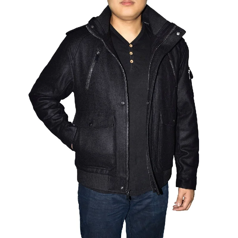 Men's track team jackets-Men's Wool Blend Zip Jacket with Epaulets and Removable Hood