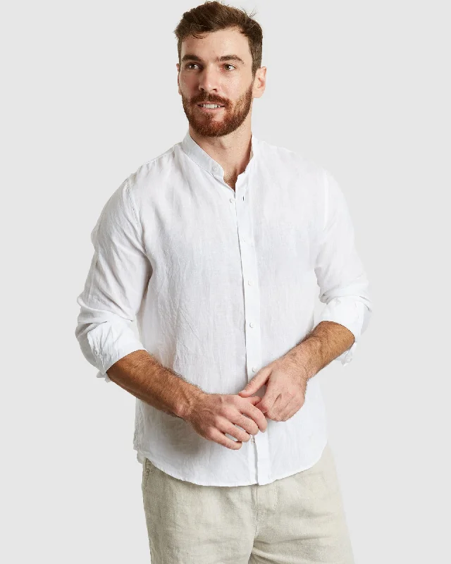 Men's short-sleeve bold rich clubbing shirt-Palma-Casual White Mandarin Collar Linen Shirt