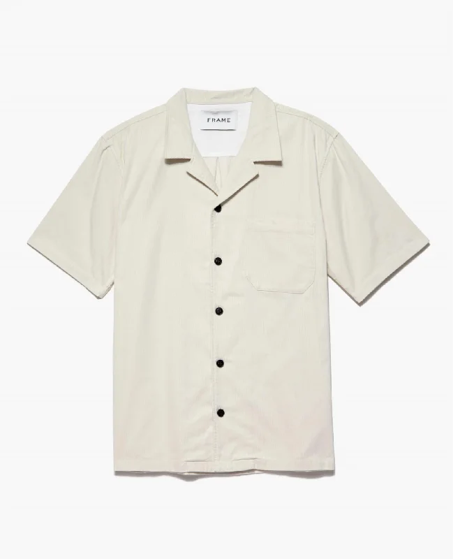 Men's short-sleeve deep classic sleek rolled-sleeve top-Light Weight Cord Camp Collared Shirt In White Beige