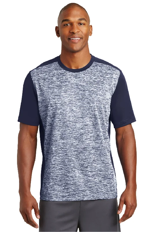 Men's short-sleeve warm stylish durable anti-odor shirt-Sport-Tek Mens Electric Heather Moisture Wicking Short Sleeve Crewneck T-Shirt - True Navy Blue Electric/True Navy Blue - Closeout