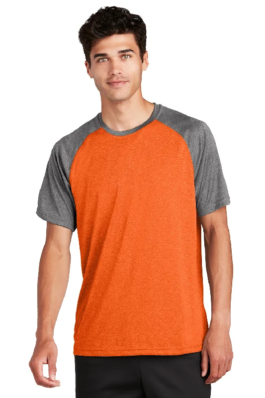 Men's short-sleeve stylish sleek neutral rave top-Sport-Tek Mens Contender Heather Moisture Wicking Short Sleeve Crewneck T-Shirt - Heather Deep Orange/Heather Graphite Grey - Closeout