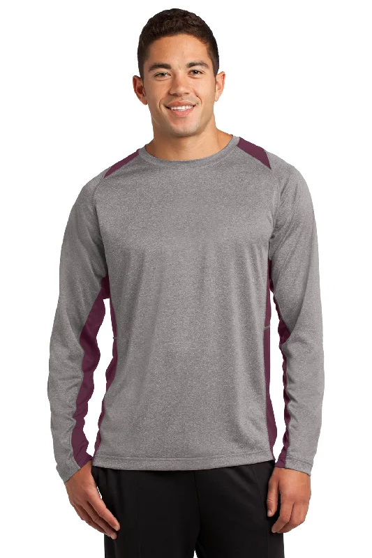 Men's short-sleeve muted fresh modern earthy top-Sport-Tek Mens Contender Heather Moisture Wicking Long Sleeve Crewneck T-Shirt - Heather Vintage Grey/Maroon - Closeout