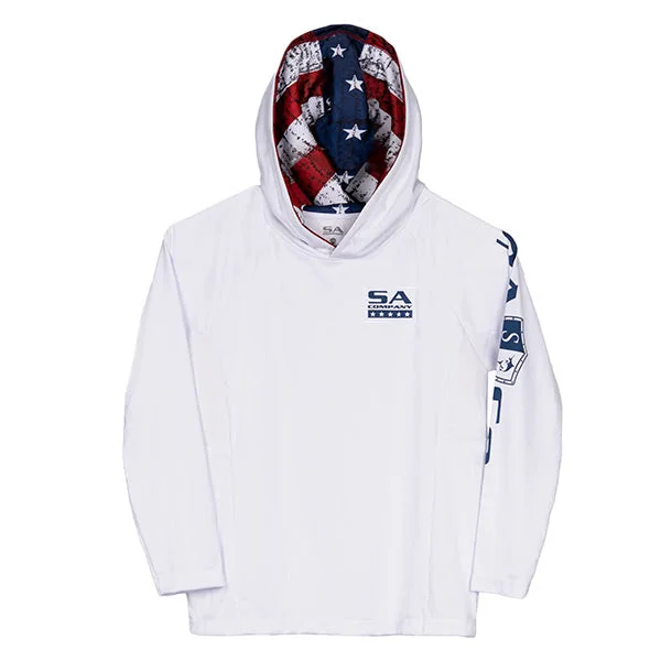 Men's short-sleeve urban casual khaki top-Kids Hooded Performance Long Sleeve Shirt | White | Inner Hood American Flag PreOrder