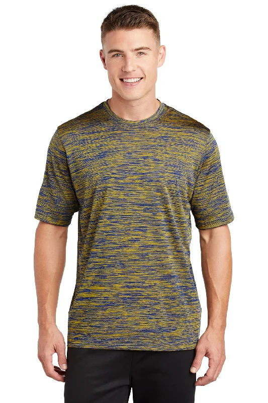 Men's short-sleeve soft trendy crisp ribbed shirt-Sport-Tek Mens Electric Heather Moisture Wicking Short Sleeve Crewneck T-Shirt - Royal Blue/Gold Electric - Closeout