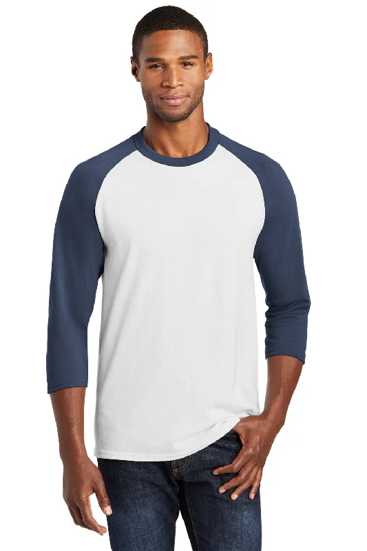 Men's short-sleeve classic muted rugged denim shirt-Port & Company Mens Core Moisture Wicking 3/4 Sleeve Crewneck T-Shirt - White/Navy Blue