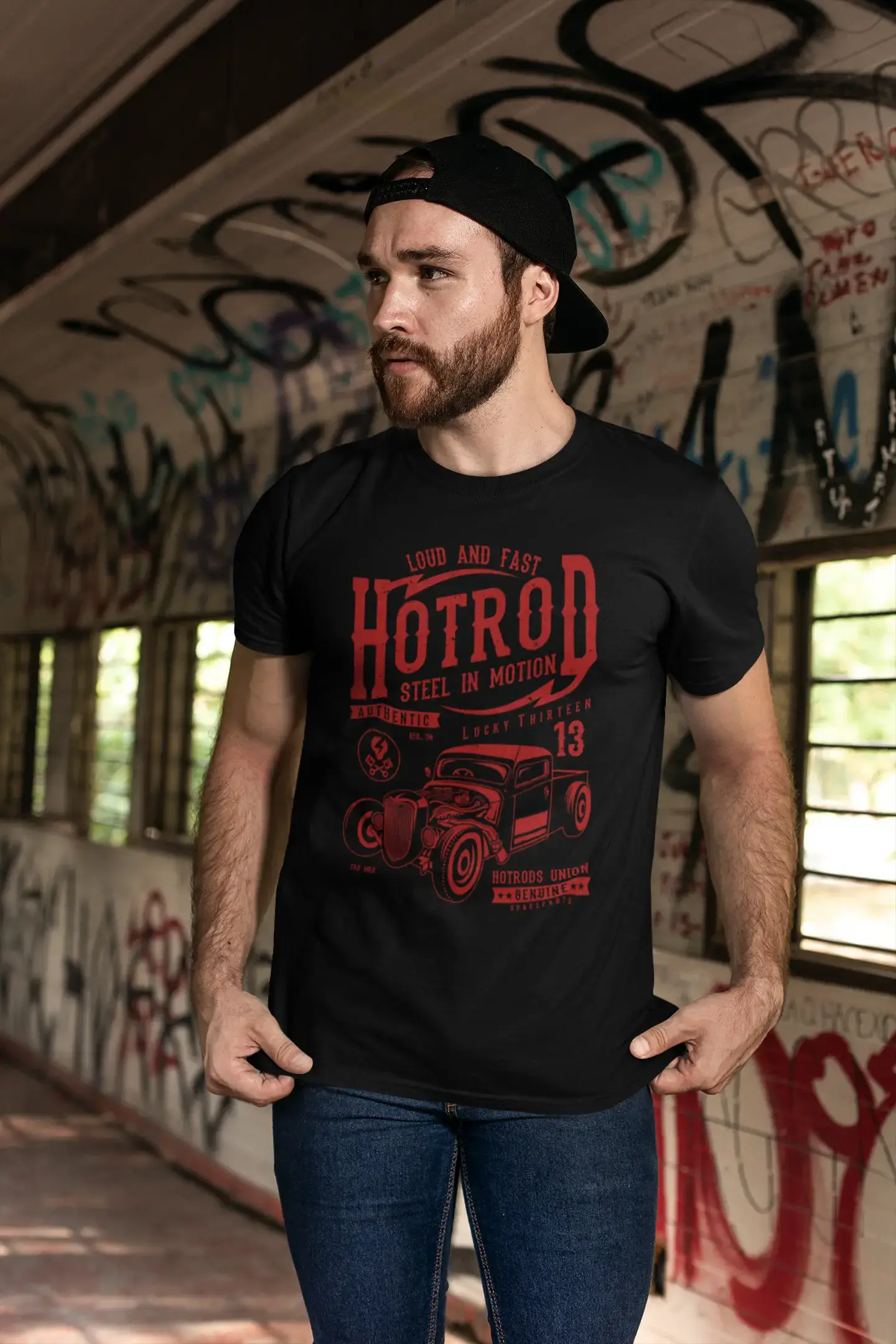 Men's short-sleeve urban warm breathable wool shirt-ULTRABASIC Men's T-Shirt Loud and Fast Hotrod - Steel in Motion 13 Tee Shirt