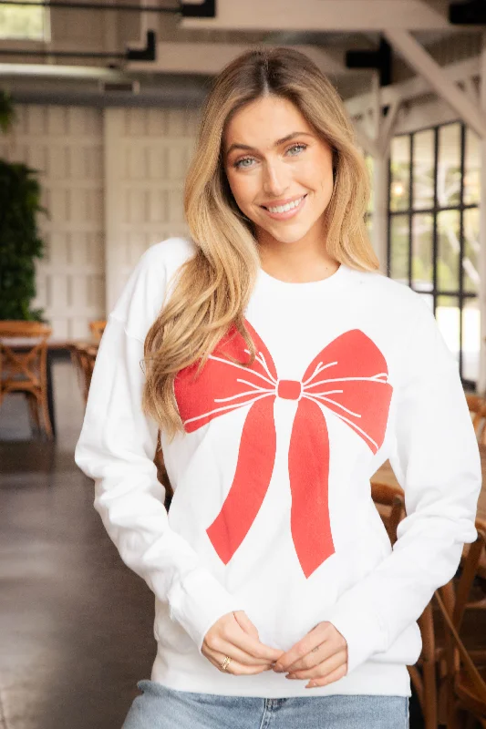 Men's hoodie for breezy vibes-Christmas Bow Sweatshirt, White/Red