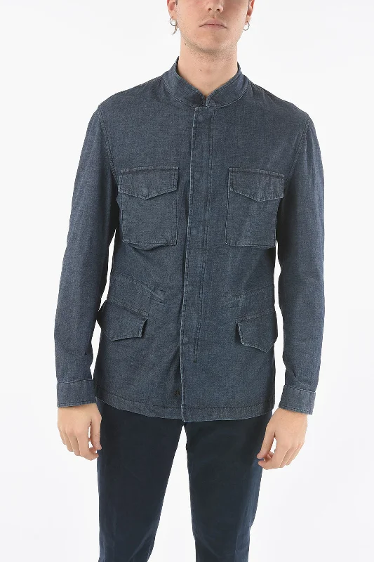 Men's director cut jackets-Corneliani CC COLLECTION O.WEAR Denim Utility Jacket with Hidden Closur