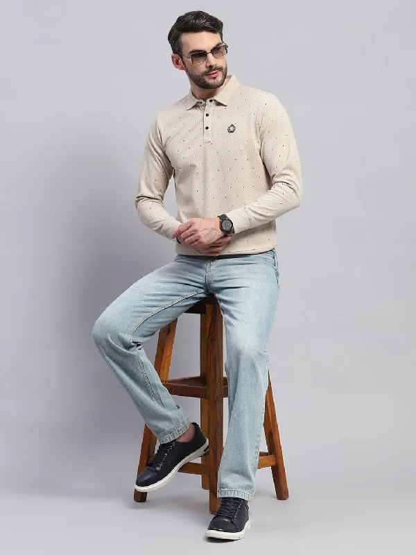 Men's hoodie with crow stripe-Men Beige Printed Collar Full Sleeve Sweatshirt