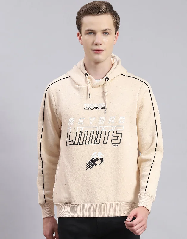 Men's hoodie for solid back-Men Beige Printed Hooded Full Sleeve Sweatshirt