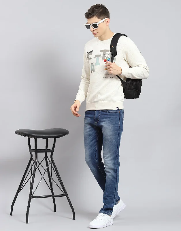 Men's hoodie for windy trails-Men Beige Printed Round Neck Full Sleeve Sweatshirt