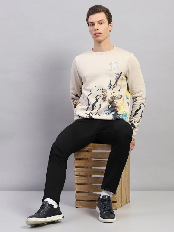 Men's hoodie for snowy vibes-Men Beige Printed Round Neck Full Sleeve Sweatshirt