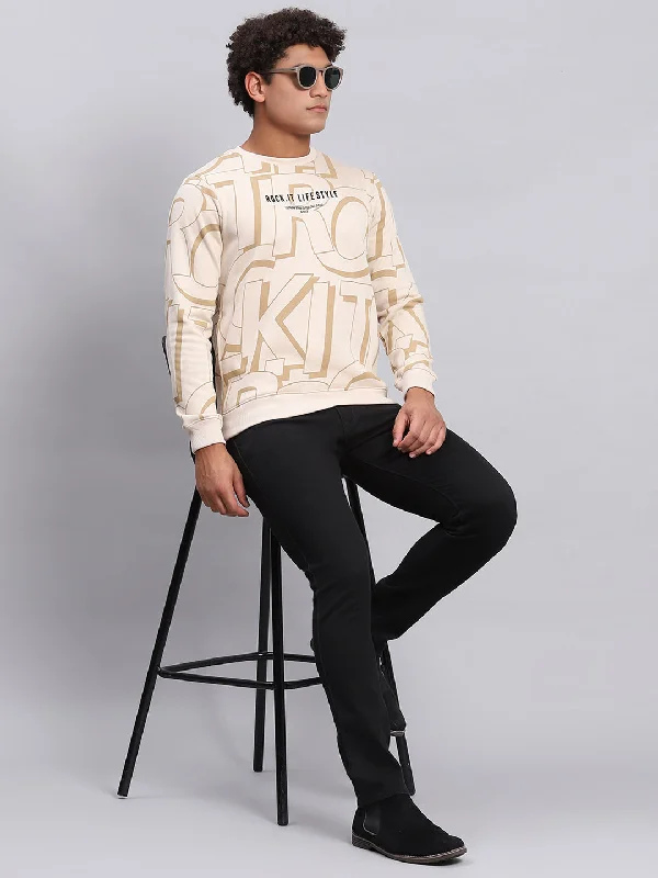 Men's hoodie with subtle design-Men Beige Printed Round Neck Full Sleeve Sweatshirt