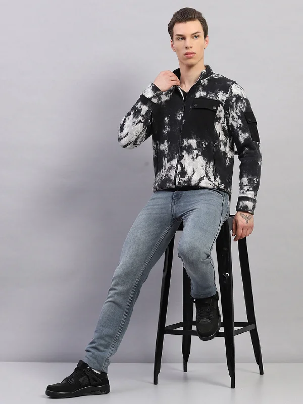 Men's hoodie for lean shoulders-Men Black Printed Mock Neck Full Sleeve Sweatshirt