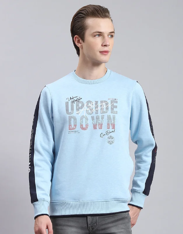 Men's hoodie with crisp design-Men Blue Printed Round Neck Full Sleeve Sweatshirt