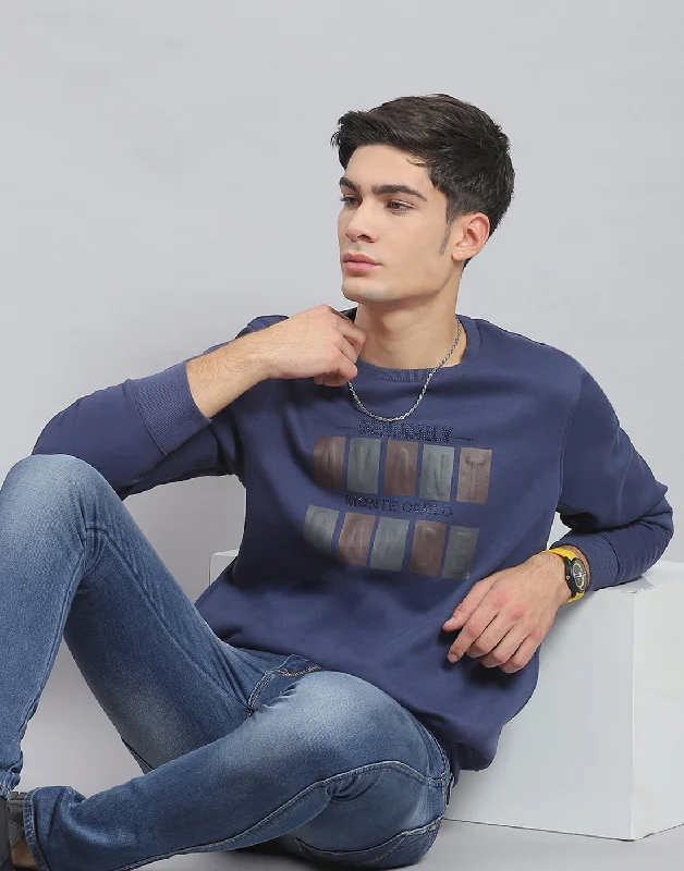 Men's hoodie with stag stripe-Men Blue Printed Round Neck Full Sleeve Sweatshirt