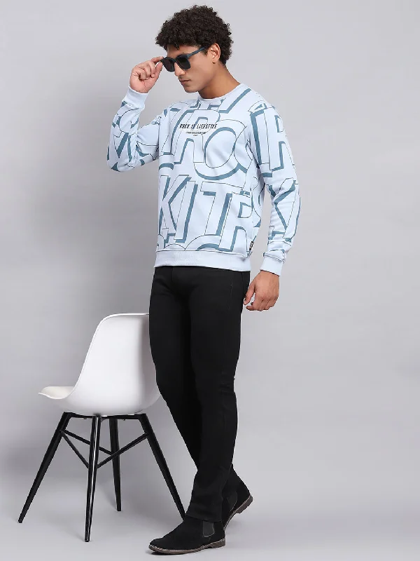 Men's hoodie for solid chest-Men Blue Printed Round Neck Full Sleeve Sweatshirt