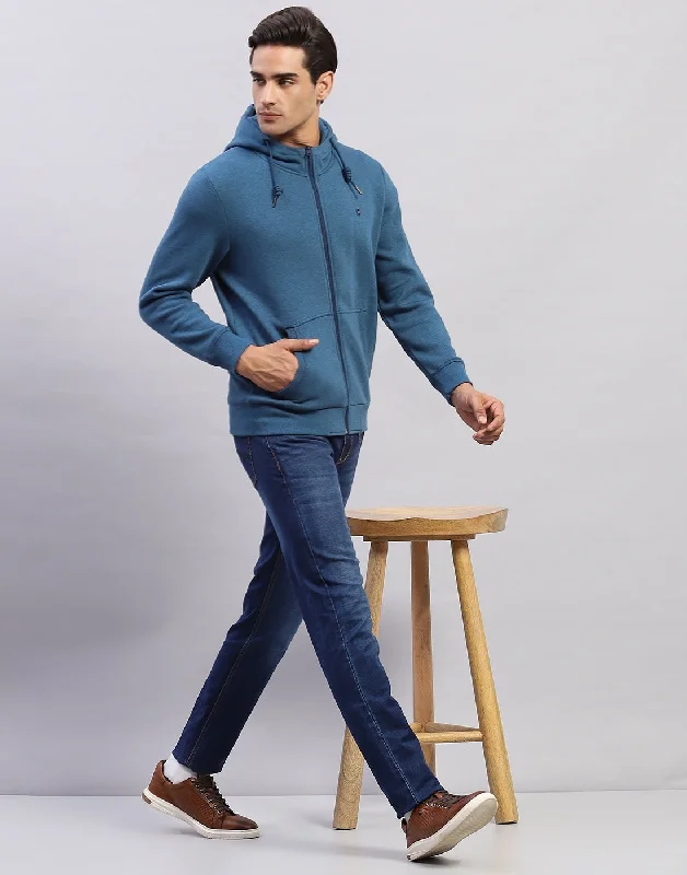 Men's hoodie for slim back-Men Blue Solid Hooded Full Sleeve Sweatshirt