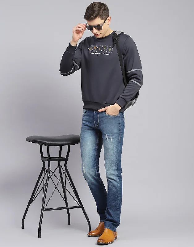 Men's hoodie for slim chest-Men Grey Printed Round Neck Full Sleeve Sweatshirt