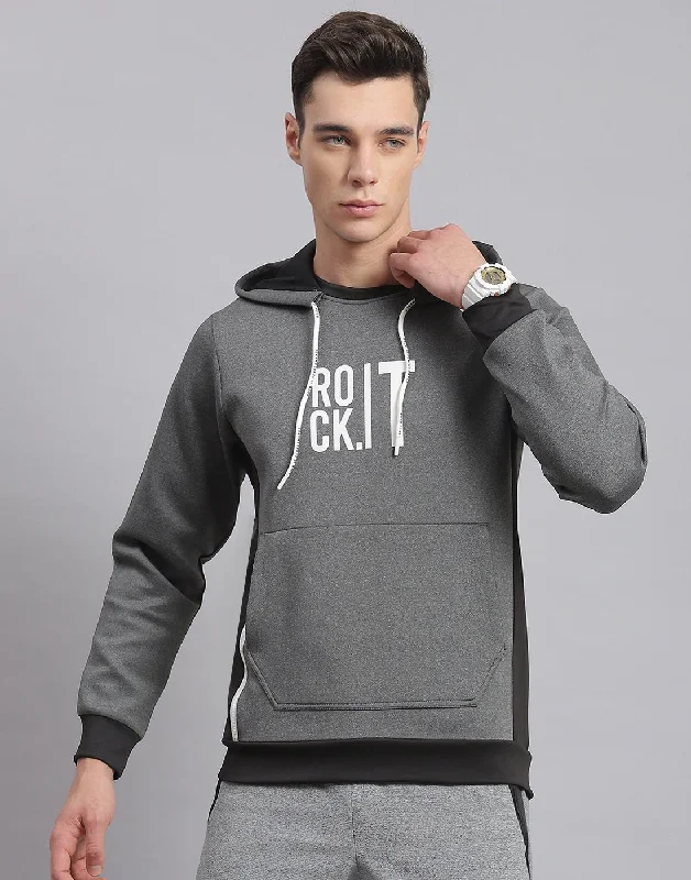 Men's hoodie with stark print-Men Grey Solid Hooded Full Sleeve Sweatshirt