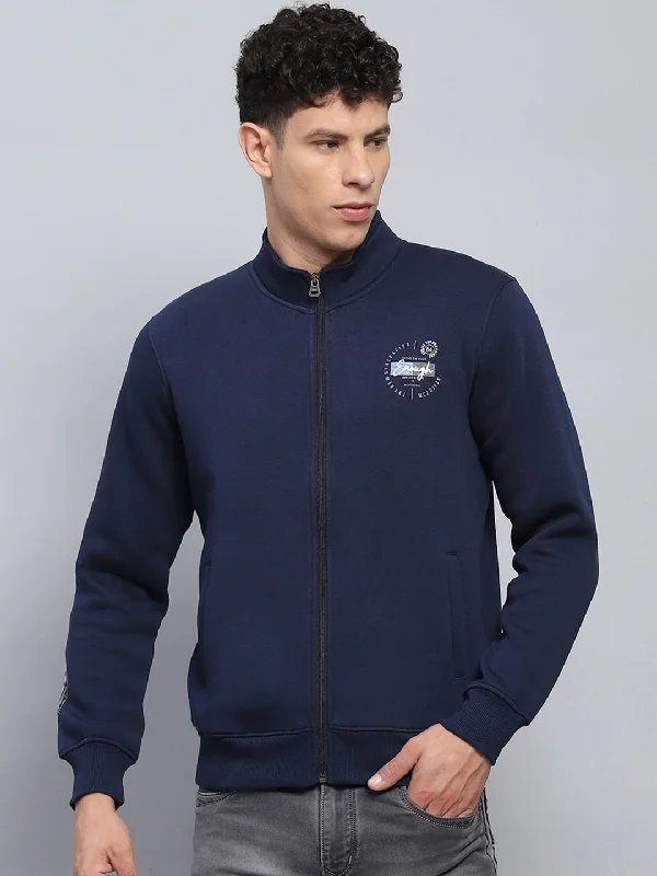 Men's hoodie for quiet evenings-Men Navy Blue Printed Mock Neck Full Sleeve Sweatshirt