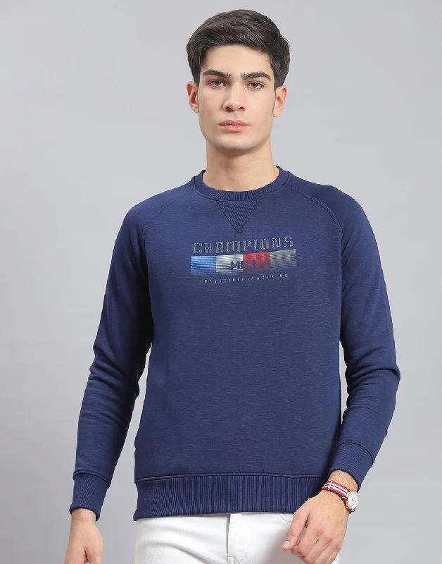 Men's hoodie for breezy trails-Men Navy Blue Printed Round Neck Full Sleeve Sweatshirt