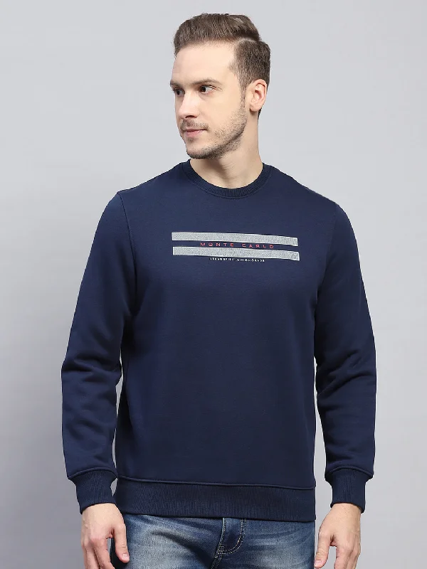 Men's hoodie with cougar stripe-Men Navy Blue Printed Round Neck Full Sleeve Sweatshirt