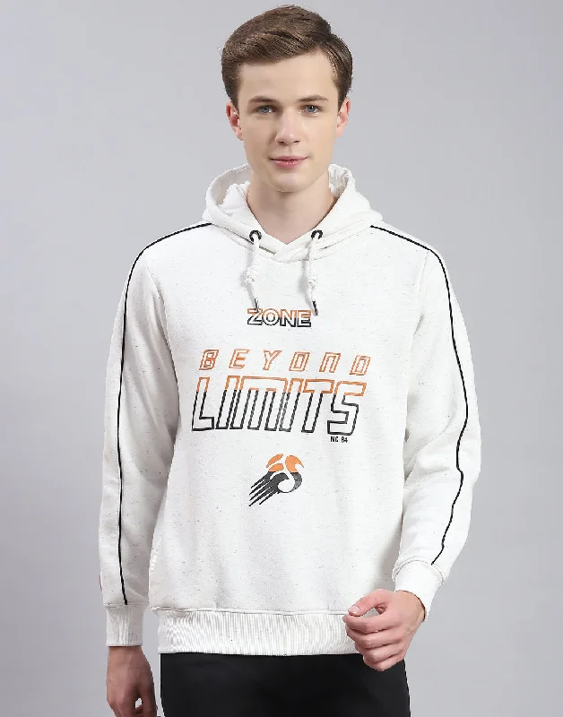 Men's hoodie for skiing practice-Men Off White Printed Hooded Full Sleeve Sweatshirt