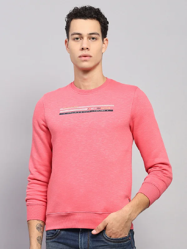 Men's hoodie for calm walks-Men Pink Printed Round Neck Full Sleeve Sweatshirt