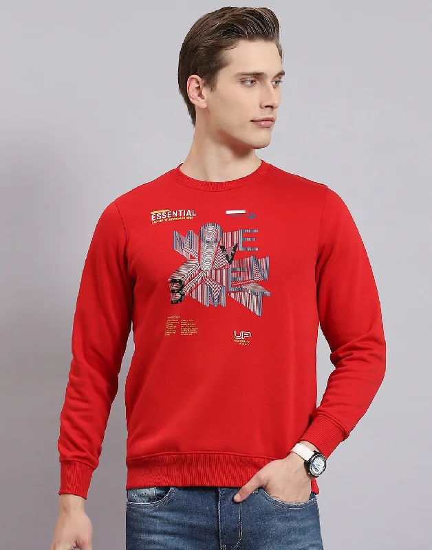 Men's hoodie with neat look-Men Red Printed Round Neck Full Sleeve Sweatshirt