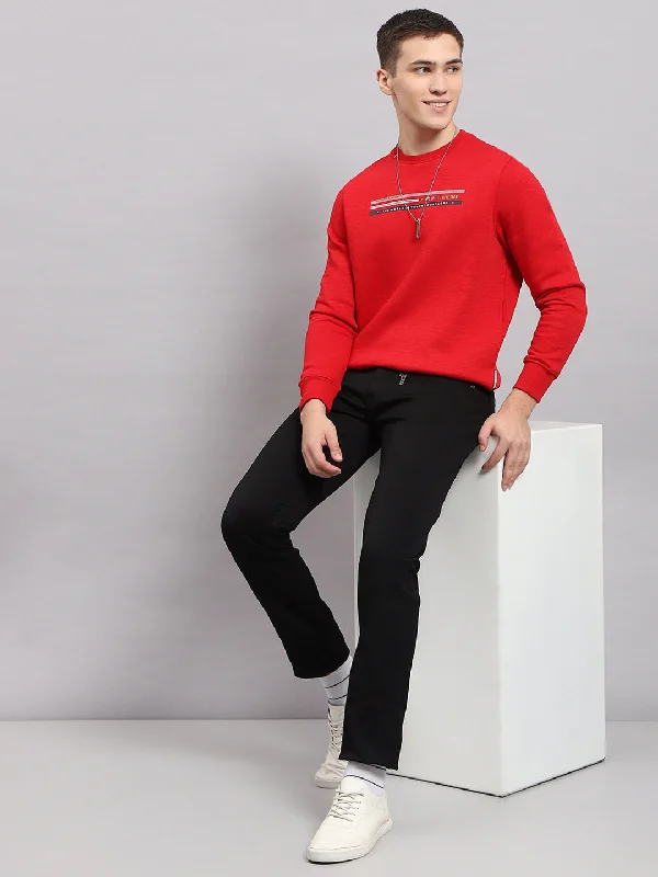 Men's hoodie with smooth vibe-Men Red Printed Round Neck Full Sleeve Sweatshirt