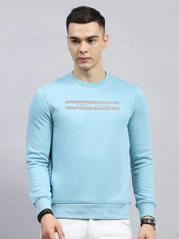 Men's hoodie with sleek design-Men Sky Blue Printed Round Neck Full Sleeve Sweatshirt