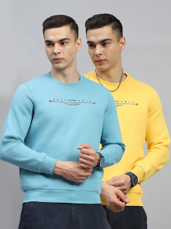 Men's hoodie for mellow trails-Men Turquoise Blue & Yellow Printed Round Neck Full Sleeve Sweatshirt