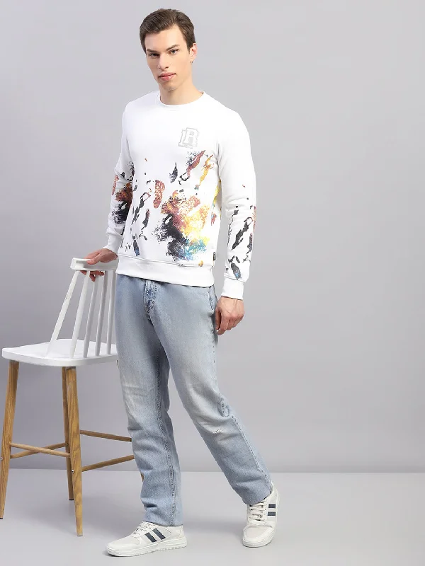 Men's hoodie with coarse fabric-Men White Printed Round Neck Full Sleeve Sweatshirt