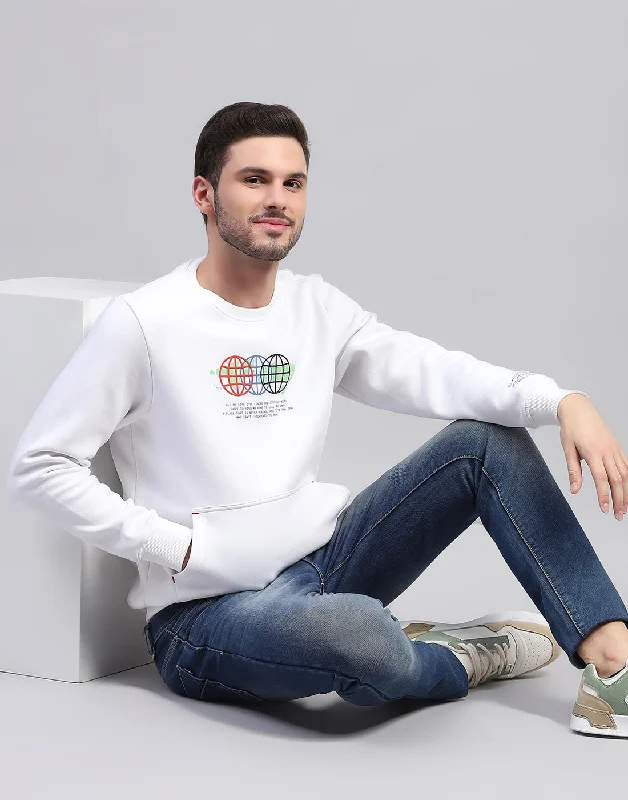 Men's hoodie for breezy vibes-Men White Printed Round Neck Full Sleeve Sweatshirt