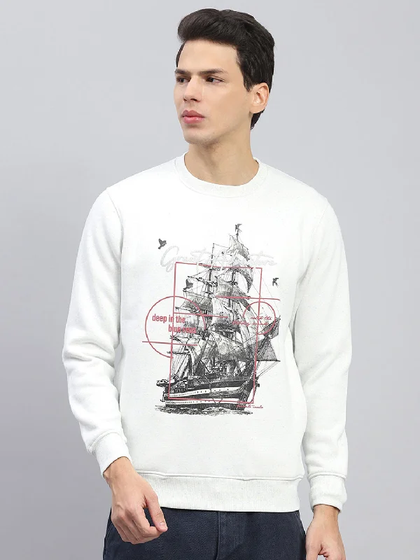 Men's hoodie with owl stripe-Men White Printed Round Neck Full Sleeve Sweatshirt